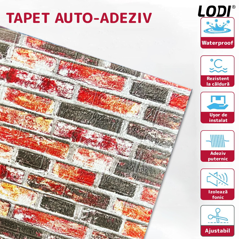 Set Tapet Caramida 3D Lodi235, Model Caramizi, suprafata acoperire 5.3 mp, autoadeziv, waterproof, usor de montat, design modern, 70x77 cm, negru/rosu