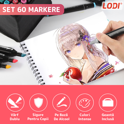 Set 60 Markere Lodi16, geanta de depozitare inclusa, 2 tipuri de varf, pe baza de alcool, culori intense, multicolor