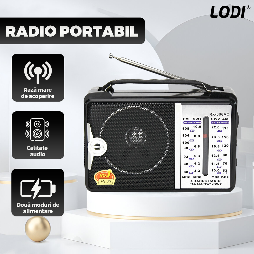 Radio Portabil Lodi1418, FM/AM/SW1/SW2, mod dual de alimentare, baterii/la priza, receptie ridicata ce prinde posturi regionale/la sate, negru