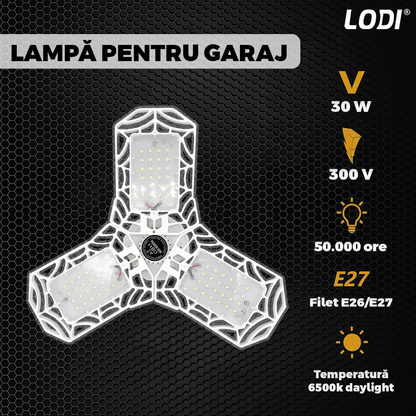 Lampa LED cu 3 Brate Mobile Lodi1221, 3 aripi pliabile, 36 LED-uri, flux luminos 3000LM, lumina alba rece 6000-6500K, bec iluminare pentru interior garaj/depozit/atelier, alb