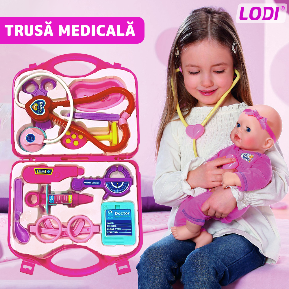 Set Trusa Medicala Asistenta Doctor Lodi477, joc de rol, 11 accesorii si cutie penntru depozitare, 37.5 x 21 cm, roz inchis