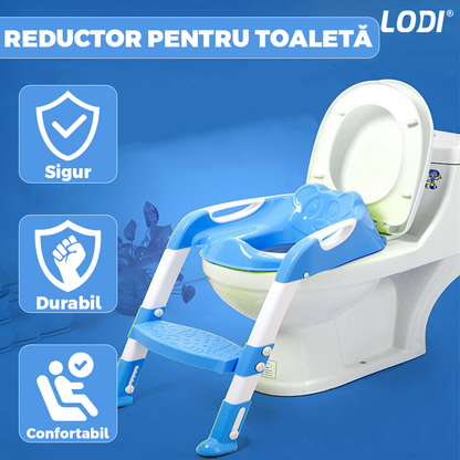 Reductor WC cu Scara Lodi974, antiderapant, pentru copii cu varsta pana la 7 ani, protectie impotriva stropilor, 1 treapta, reglabil pe inaltime, manere de sustinere, alb/albastru