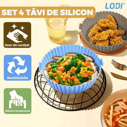 Set 4 Tavi de Copt Rotunde din Silicon Lodi988, pentru friteuza/cuptor/microunde, reutilizabile, antiaderente, rezistente la temperaturi inalte, 21 x 17 cm, multicolor