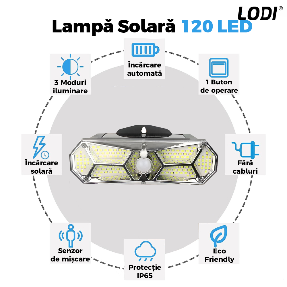 Lampa Solara 120 LED-uri Lodi887, senzor de miscare, 3 moduri de iluminare, protectie IP65, Waterproof, exterior, negru