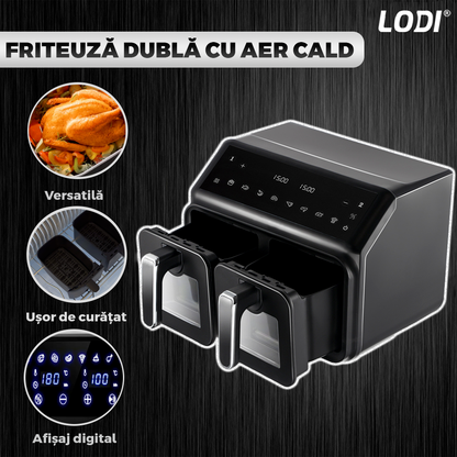 Friteuza Dubla Fara Ulei Air Fryer Lodi1067, tehnologie smart sensing, programe smart chef automate, afisaj digital, capacitate 10 L, tehnologie de eliminare a grasimii, functie de pastrare la cald,tensiune alimentare 240 V, culoare negru