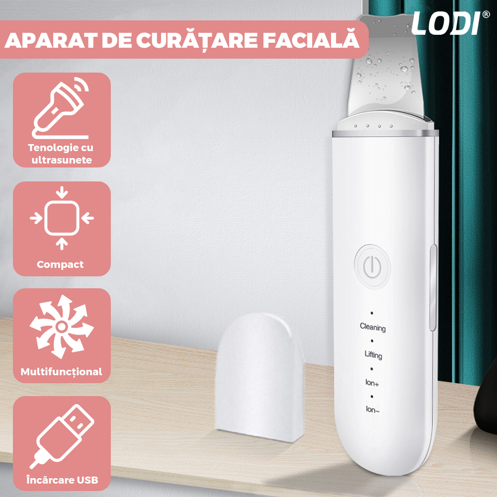 Aparat de Curatare Faciala cu Ultrasunete Lodi546, lifting ten, skin scrubber, indepartare puncte negre, hidratare, peeling, masaj facial, alb