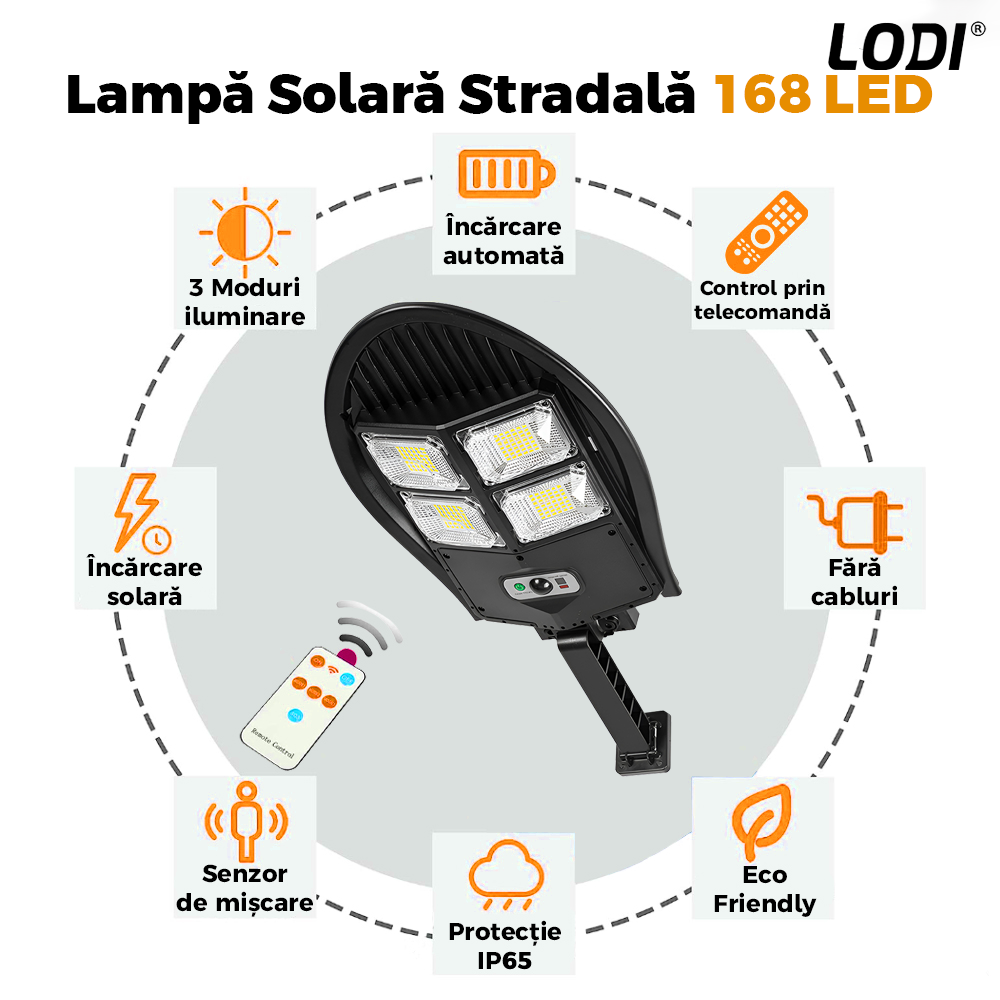 Lampa Solara Stradala 168 LED-uri Lodi871, rotunda, control prin telecomanda, senzor de miscare, 3 moduri de iluminare, protectie IP65, Waterproof, exterior, negru