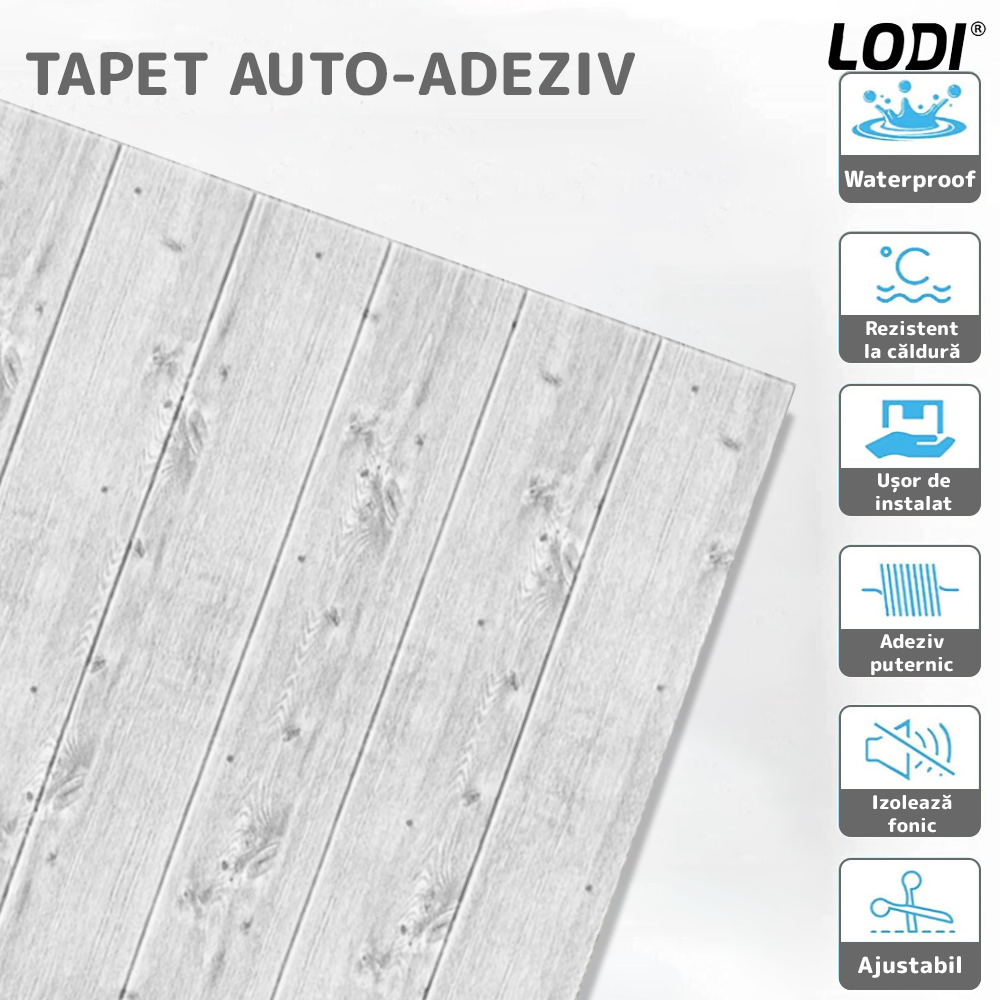 Set Tapet Panou 3D Lodi92, Model Lemn, suprafata acoperire 4.9 mp, autoadeziv, waterproof, usor de montat, design modern, 70x70 cm, gri deschis