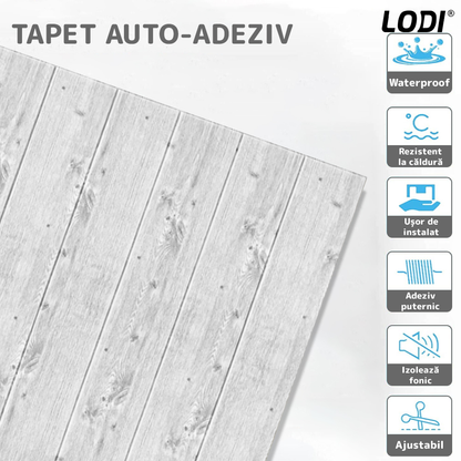 Set Tapet Panou 3D Lodi92, Model Lemn, suprafata acoperire 4.9 mp, autoadeziv, waterproof, usor de montat, design modern, 70x70 cm, gri deschis