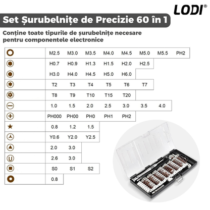 Set Trusa Surubelnite de Precizie 60 in 1 Lodi120,  pentru Macbook, iMac, iPhone, electronice, telefon, PC, otel S2, varf magnetic,  negru