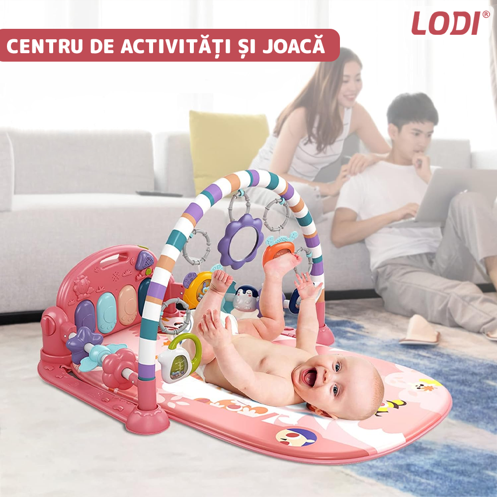 Centru de Activitati si Joaca Lodi1109, saltea interactiva pentru copii cu sunete, pian si oglinda detasabile, accesorii zornaitoare, 4 moduri interactive si educative, roz inchis