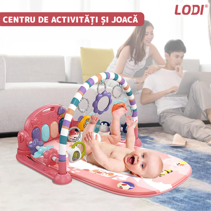 Centru de Activitati si Joaca Lodi1109, saltea interactiva pentru copii cu sunete, pian si oglinda detasabile, accesorii zornaitoare, 4 moduri interactive si educative, roz inchis