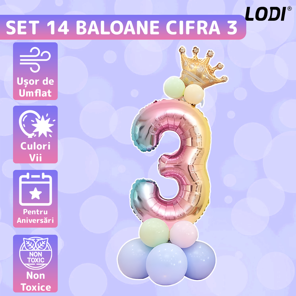 Set 14 Baloane Lodi1045, Cifra 3, pentru Petreceri/Aniversari/Evenimente, coronita, balon cifra, baloane clasice, multicolor