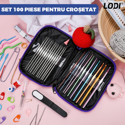 Set Profesional de Crosetat Lodi664, 100 de piese, 12 andrele subtiri argintii, 10 andrele groase multicolore, foarfeca, rigla si accesorii pentru tricotat, husa de depozitare, albastru