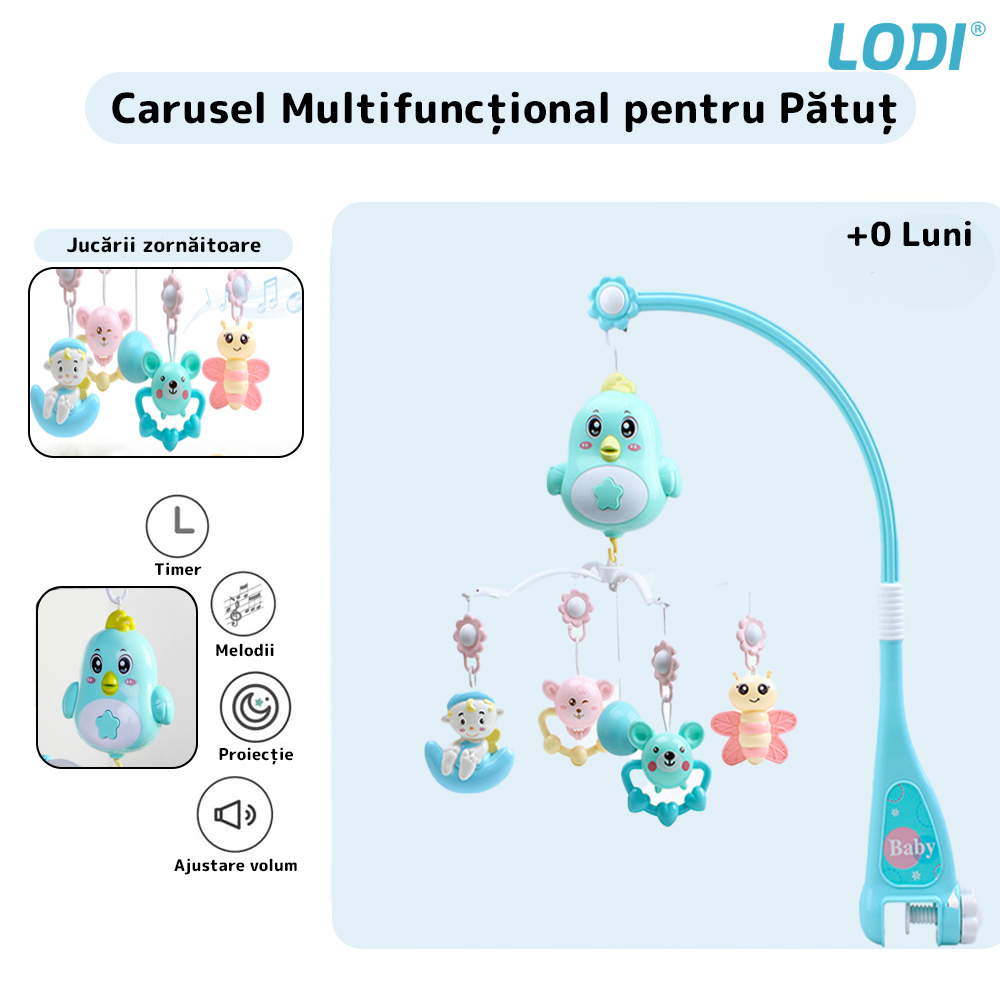 Carusel Muzical pentru Patut Lodi362, Bebe, control prin telecomanda, proiector, muzica si lumini, jucarii detasabile, albastru
