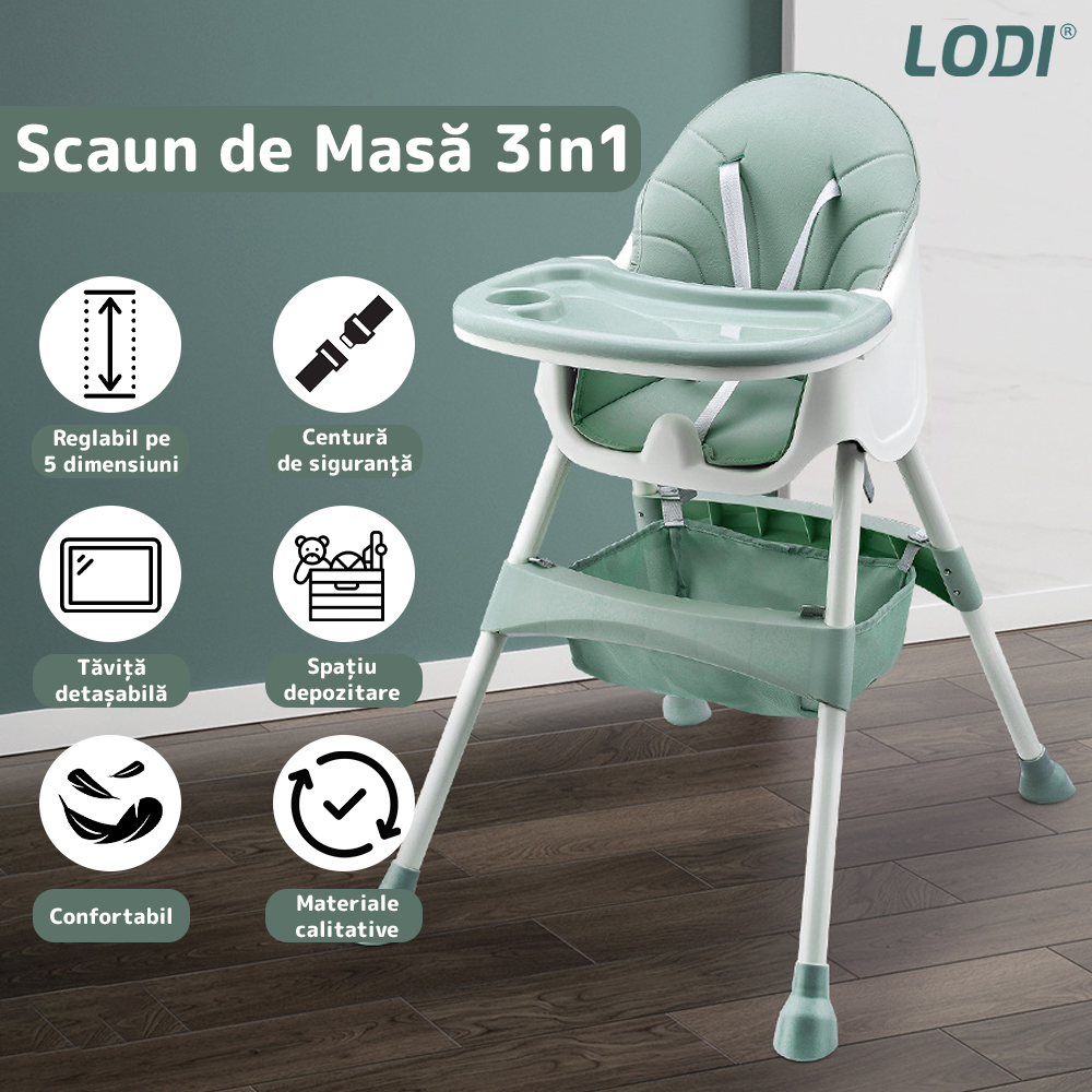 Scaun de Masa 3in1 pentru Bebelusi si Copii Lodi634, inaltime ajustabila, centura de siguranta in 5 puncte, tavita reglabila si detasabila, loc depozitare jucarii, verde turcoaz