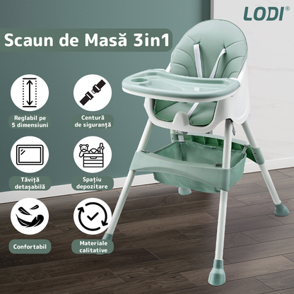 Scaun de Masa 3in1 pentru Bebelusi si Copii Lodi634, inaltime ajustabila, centura de siguranta in 5 puncte, tavita reglabila si detasabila, loc depozitare jucarii, verde turcoaz
