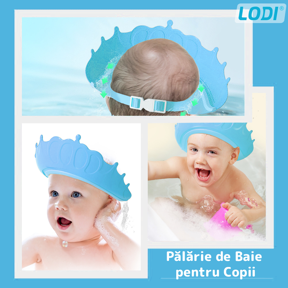 Palarie de Baie pentru Copii Lodi529, protectie impotriva samponului pentru ochi si urechi, reglabila, forma coroana rege/regina, albastru