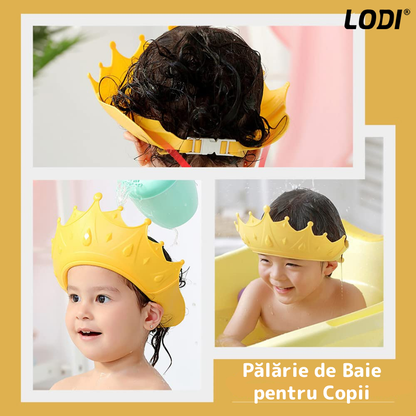 Palarie de Baie pentru Copii Lodi217, protectie impotriva samponului pentru ochi si urechi, reglabila, forma coroana rege/regina, galben