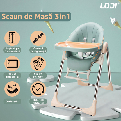 Scaun de Masa 3in1 pentru Bebelusi si Copii Lodi633, inaltime ajustabila, centura de siguranta in 5 puncte, tavita reglabila si detasabila, roti cu frana incorporata, verde smarald