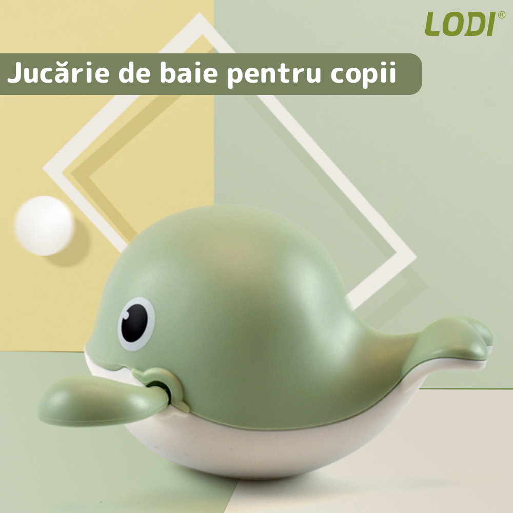 Jucarie de Baie pentru Copii Lodi32, Balena Inotatoare, interactiva, fara baterii, mecanism cu cheita, 10.7x13.2cm, verde