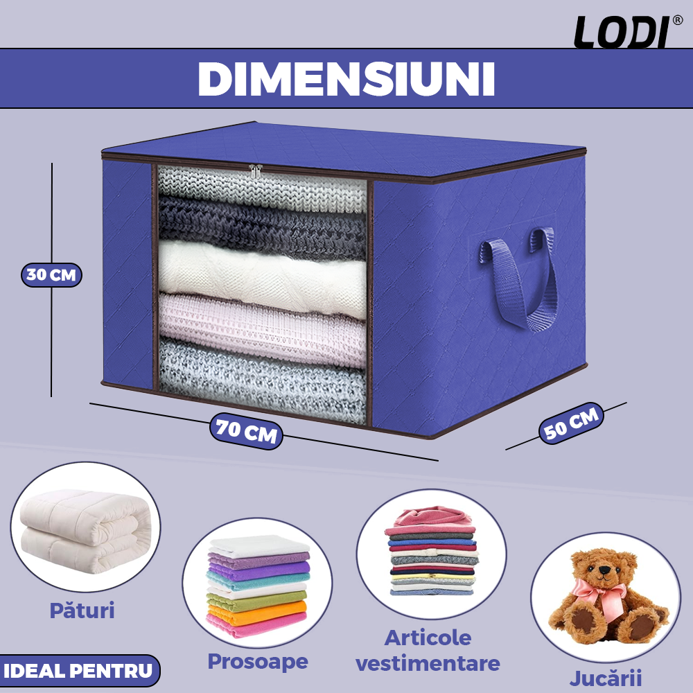 Set 3 Cutii pentru Depozitare si Organizare Mari Lodi1041, pliabile, maner ranforsat si fereastra transparenta, pentru haine/paturi/ plapumi/ perne/ lenjerii de pat/jucarii, 105 L, 70x50x30 cm, albastru