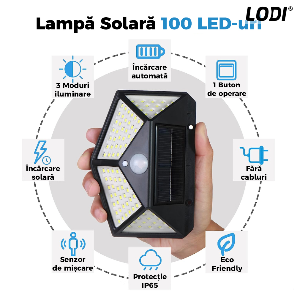 Lampa Solara 100 LED-uri Lodi63, senzor de miscare, 3 moduri de iluminare, protectie IP65, Waterproof, exterior, negru