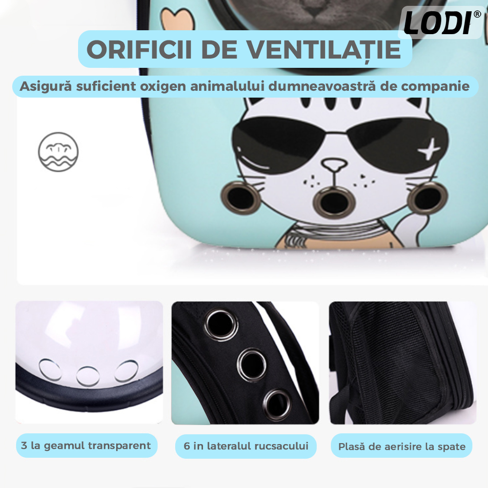 Rucsac Transport Animale Lodi25, greutate Max 7kg, hublou transparent, buzunar lateral, accesorii incluse, pentru talie mica, model Pisica, bleu