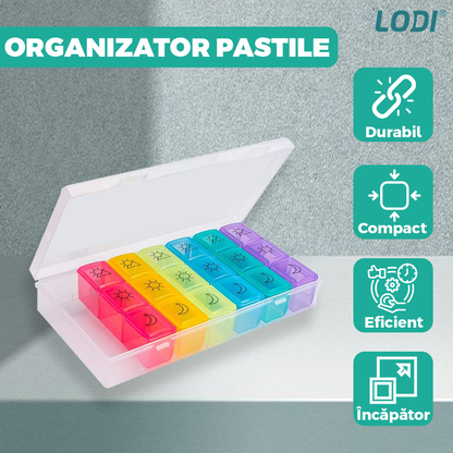 Cutie Organizatoare de Medicamente Lodi750, pastile si vitamine, 7 zile, recipiente detasabile cu 3 compartimente, compacta, 20 x 11 cm, multicolor