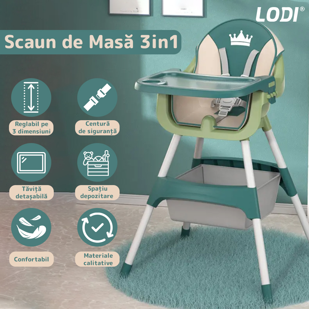 Scaun de Masa 3in1 pentru Bebelusi si Copii  Lodi91, inaltime ajustabila, centura de siguranta in 5 puncte, tavita reglabila si detasabila, loc depozitare jucarii, verde