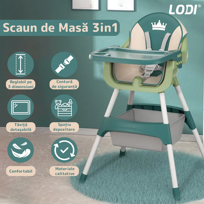 Scaun de Masa 3in1 pentru Bebelusi si Copii  Lodi91, inaltime ajustabila, centura de siguranta in 5 puncte, tavita reglabila si detasabila, loc depozitare jucarii, verde