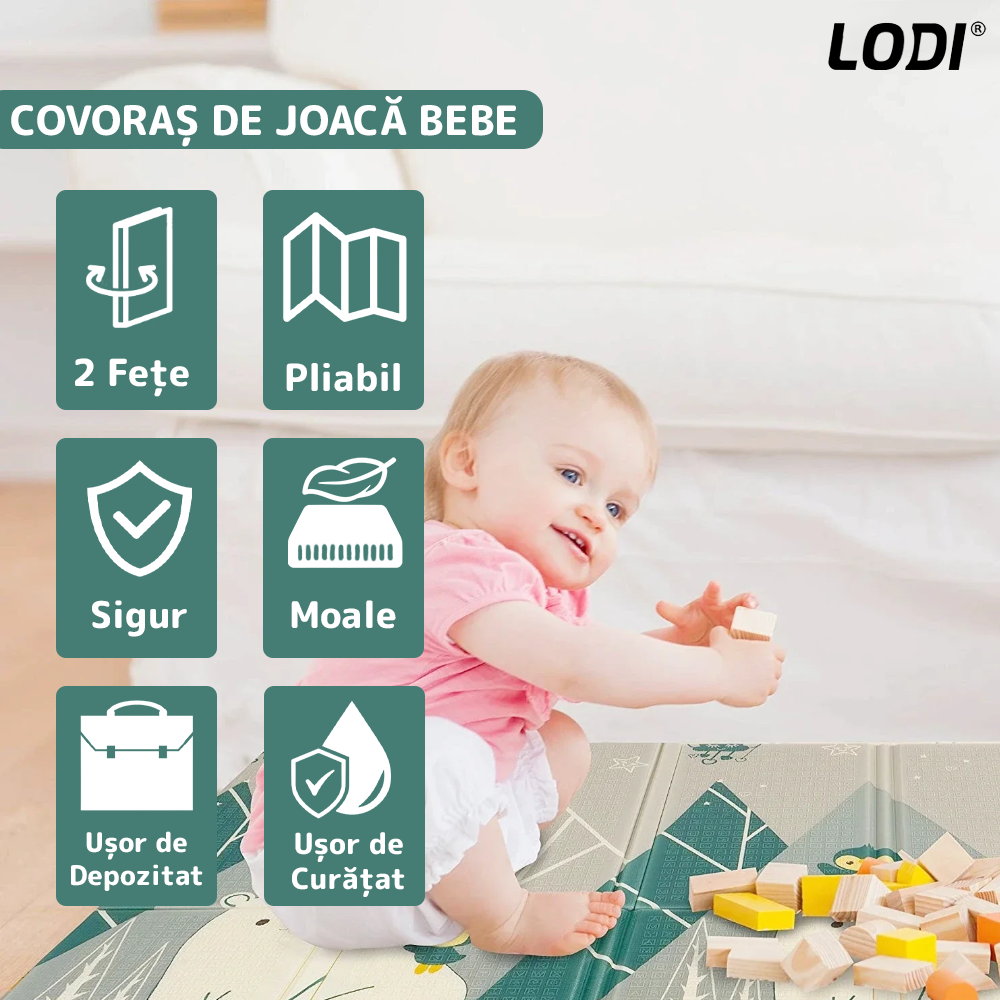 Covoras de Joaca pentru Copii Lodi662, 2 fete, termic, anti-derapant, pliabil, protectie impotriva loviturilor, animalute si munti, 200x180cm, grosime 1 cm, multicolor