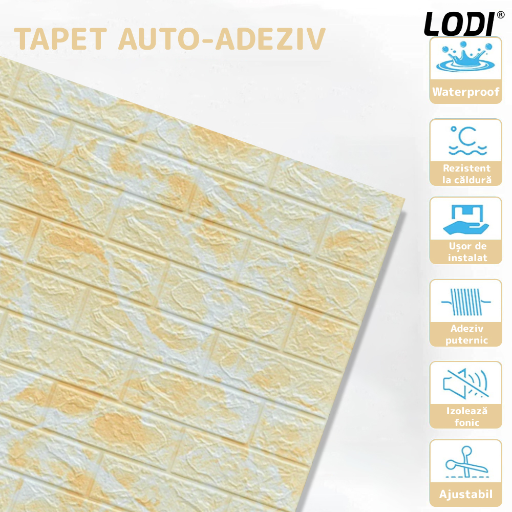 Set Tapet Caramida 3D Lodi77, Model Piatra Naturala, suprafata acoperire 5.3 mp, autoadeziv, waterproof, usor de montat, design modern, 70x77 cm, galben