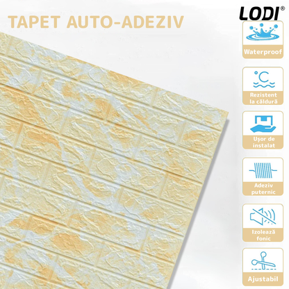 Set Tapet Caramida 3D Lodi77, Model Piatra Naturala, suprafata acoperire 5.3 mp, autoadeziv, waterproof, usor de montat, design modern, 70x77 cm, galben