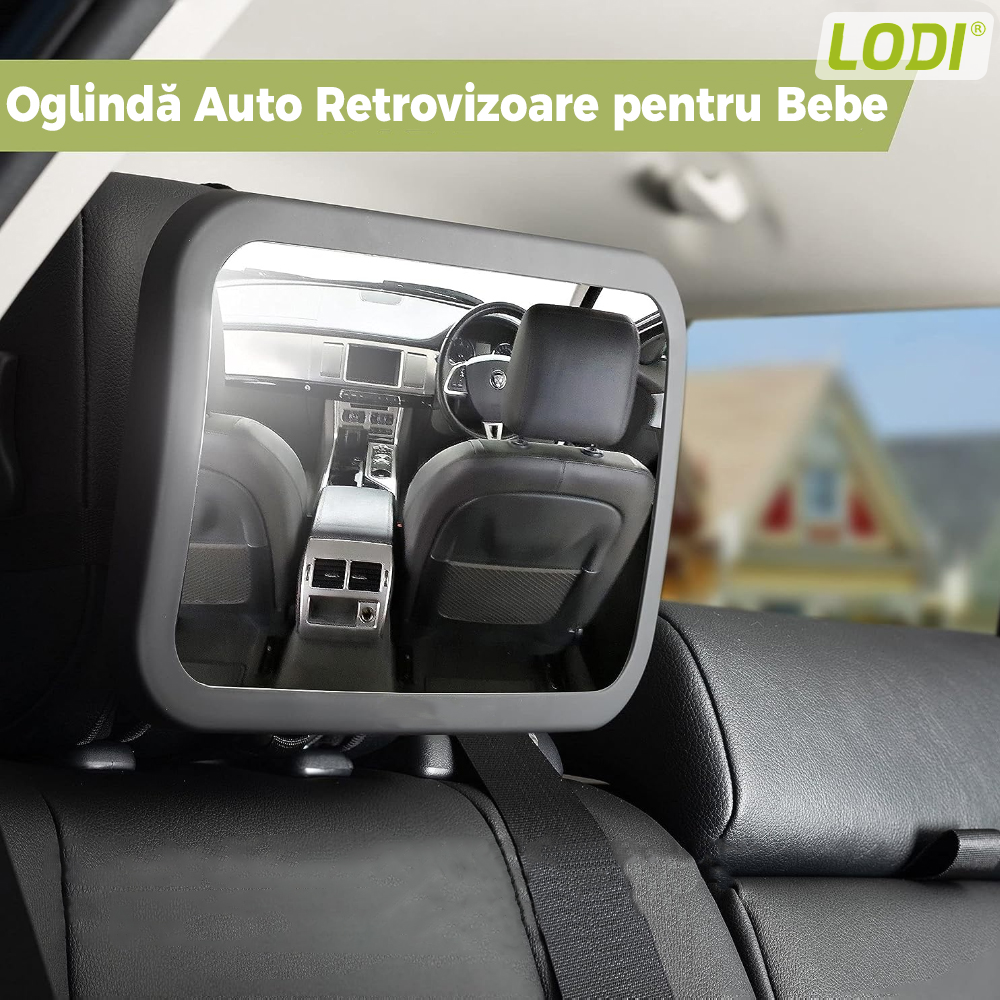 Oglinda Auto Supraveghere Bebe Lodi125, fixare tetiera, anti-alunecare, rotire 360 grade, curele reglabile, convexa, 30x20 cm, negru