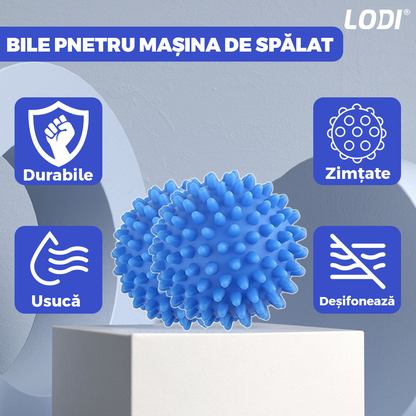 Set 4 Bile pentru Masina de Spalat si Uscator Lodi657, reduc timpul de uscare al hainelor, ajuta impotriva sifonarii si incurcarii hainelor, previn incarcarea statica, compacte, reutilizabile, albastru