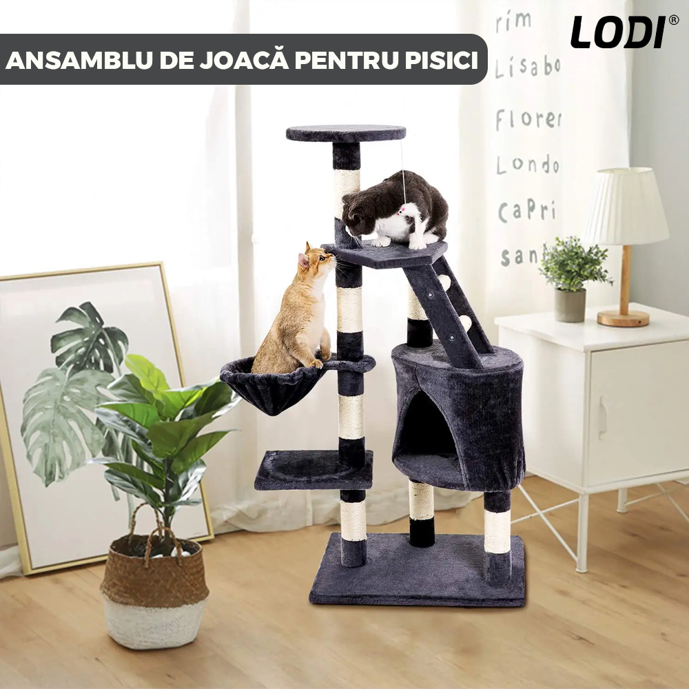 Ansamblu de Joaca pentru Pisici Lodi631, tip turn, 1 platforma de observatie, 4 niveluri, 1 casuta, scara, franghie si mingiute de joaca, stalpi pentru zgariat, captuseala extra moale, structura stabila, 118 cm, gri inchis