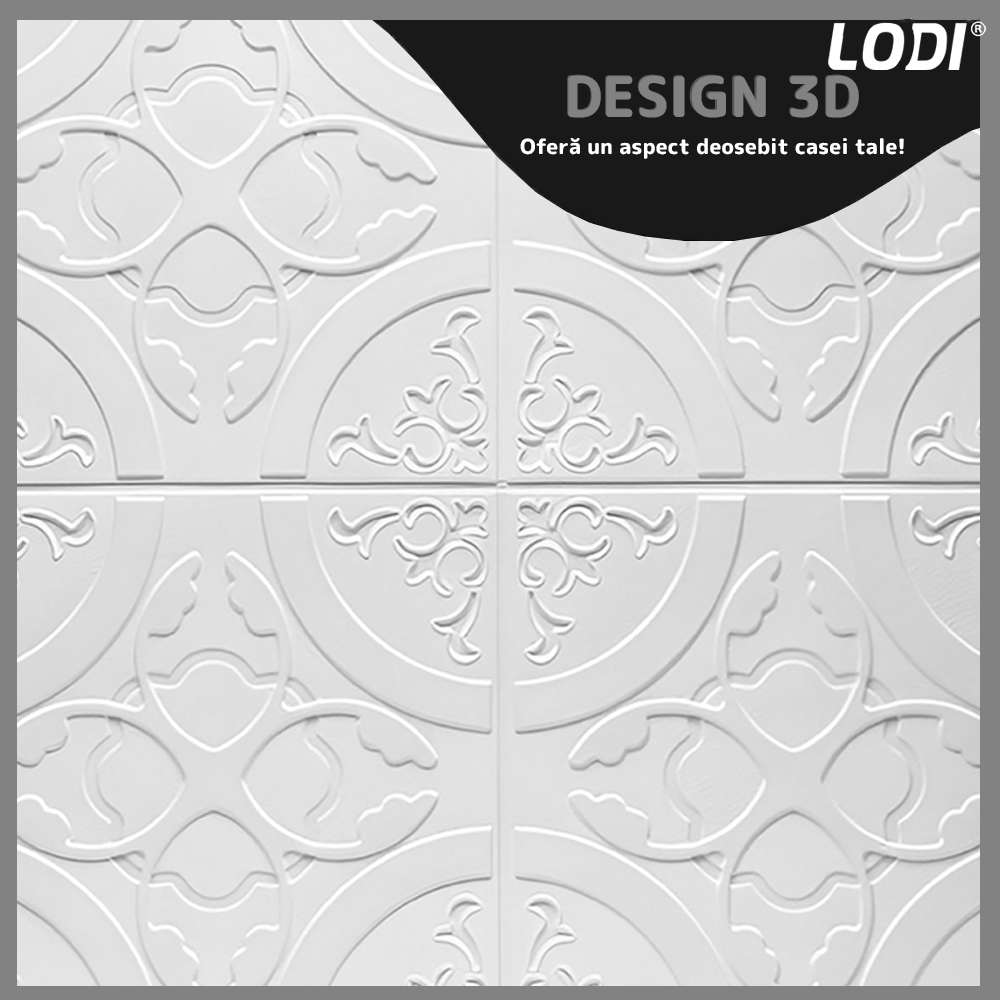 Set 10x Tapet 3D Lodi822, suprafata acoperire 4.9 mp, autoadeziv, Model Floral Cerc, perete/tavan, waterproof, usor de montat, design modern, 70x77 cm, alb