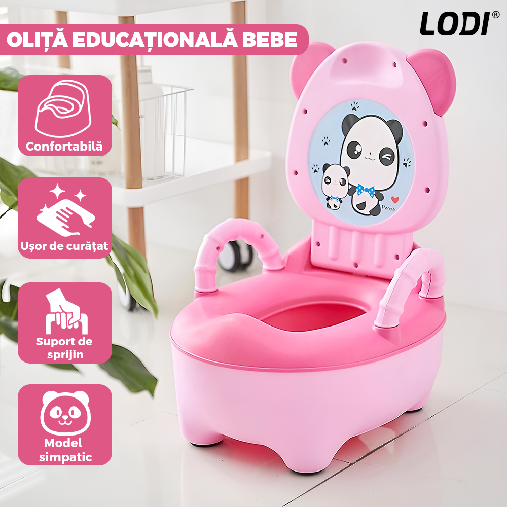 Olita Educationala Lodi661, model panda, imita toaleta, capac cu urechiuse, recipient detasabil, confortabila, roz
