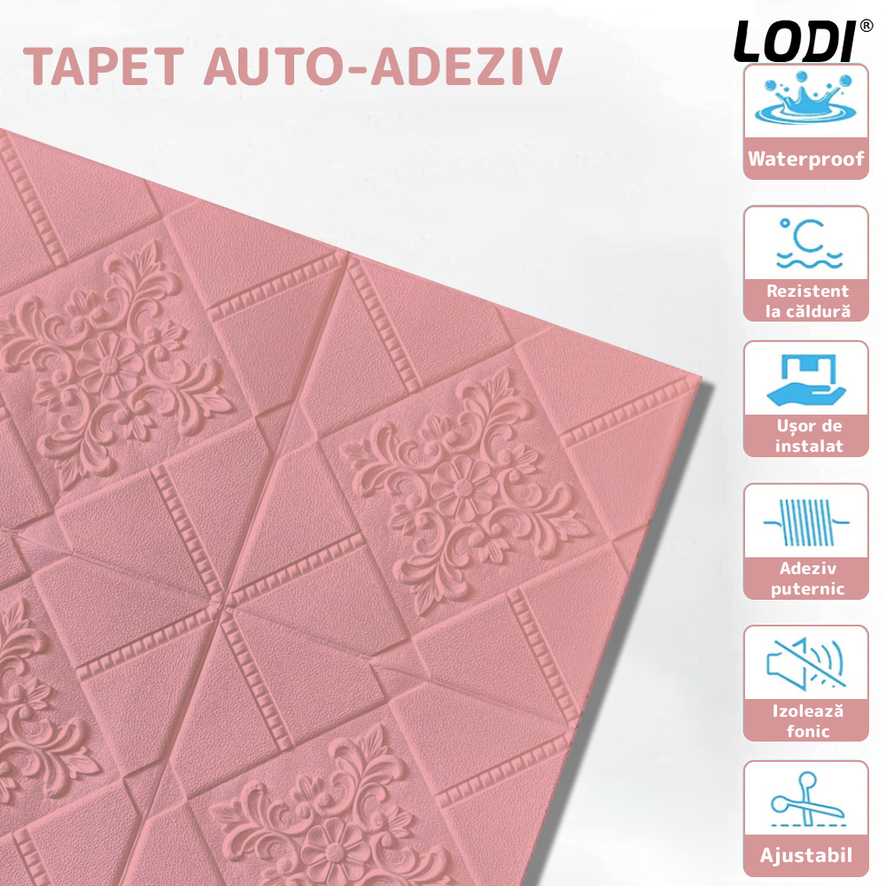 Set Tapet 3D Lodi117, suprafata acoperire 4.9 mp, autoadeziv, perete/tavan, model floral, waterproof, usor de montat, design modern, 70x70 cm, roz