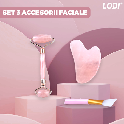 Set 3 Accesorii pentru Masaj Facial Lodi655, cu aparat face roller, piatra gua sha, pensula pentru aplicarea cosmeticelor, rezultate vizibile, piatra naturala  din quartz roz