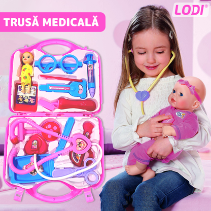 Set Trusa Medicala Asistenta Doctor Lodi480, joc de rol, 13 accesorii si cutie penntru depozitare, mini pacient, 37.5 x 21 cm, roz deschis