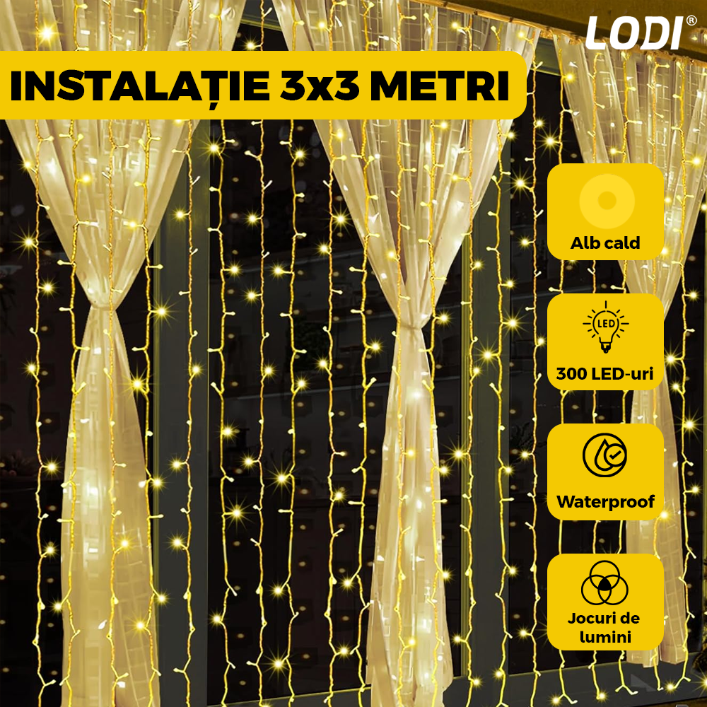 Instalatie de Craciun Perdea Lodi1439, 3x3 m, 8 jocuri de lumini, alimentare la priza, fir alb, interior/exterior, rezistenta la apa, 300 LED-uri, alb cald