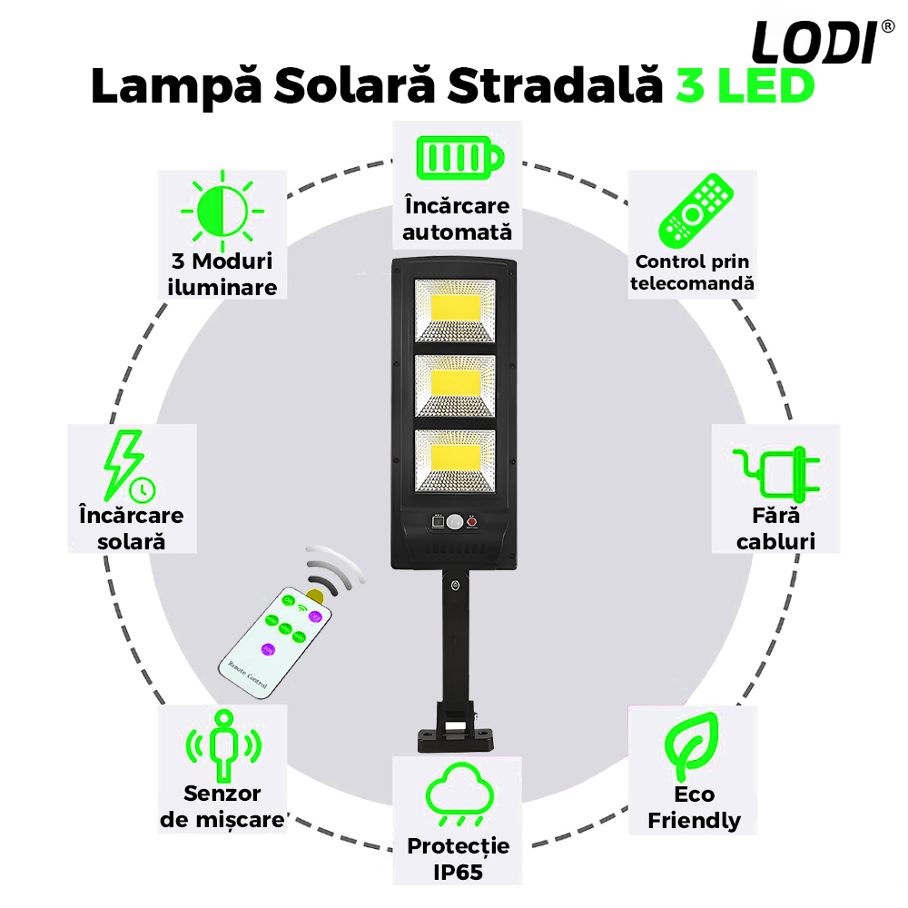 Lampa Solara Stradala 3 LED-uri Lodi882, control prin telecomanda, senzor de miscare, 3 moduri de iluminare, protectie IP65, Waterproof, exterior, negru