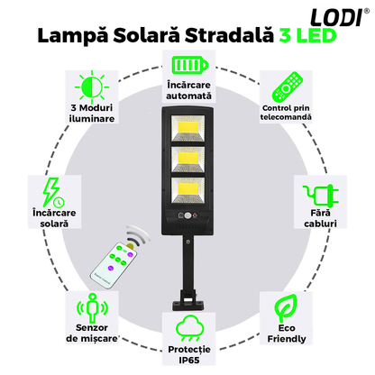 Lampa Solara Stradala 3 LED-uri Lodi882, control prin telecomanda, senzor de miscare, 3 moduri de iluminare, protectie IP65, Waterproof, exterior, negru