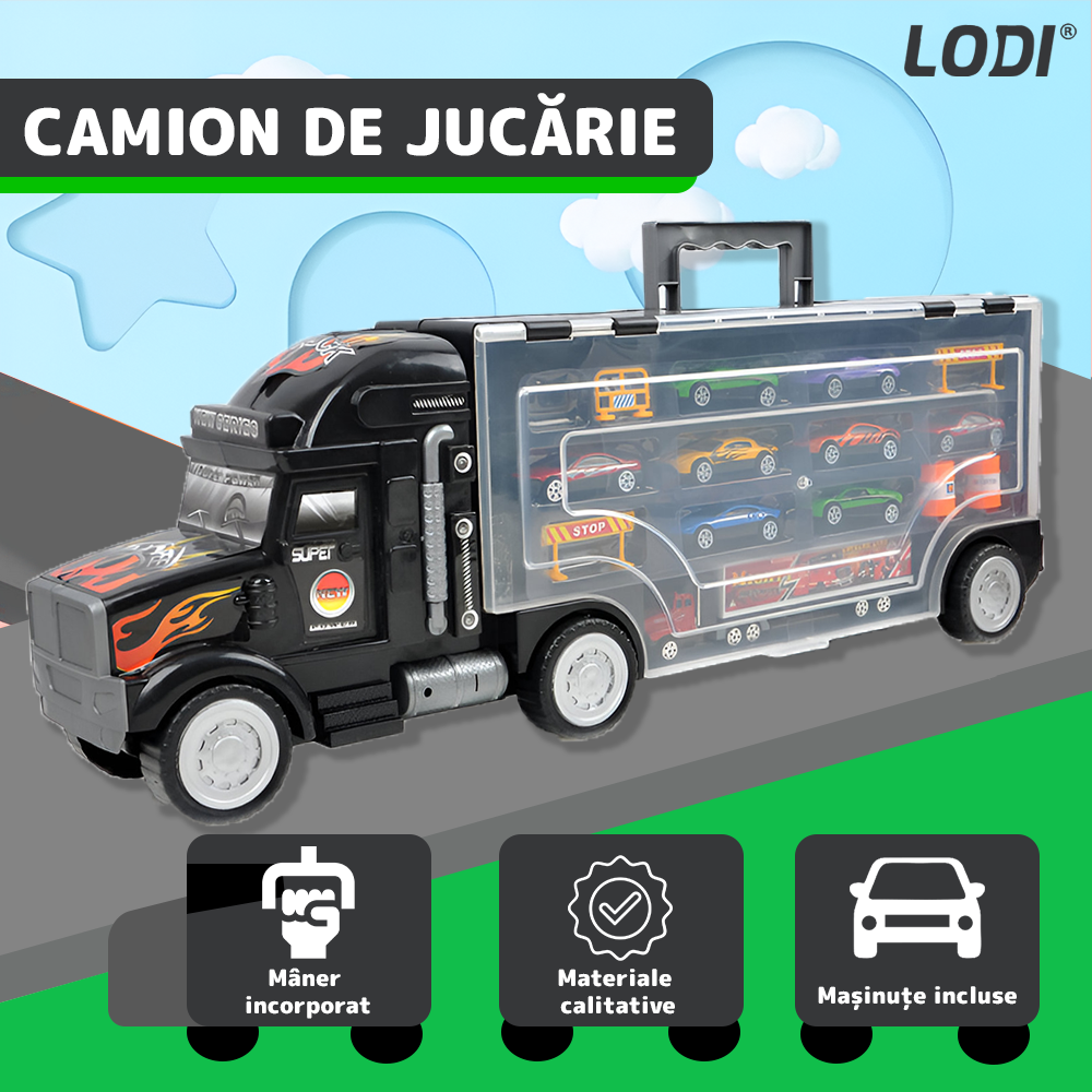 Set Camion Trailer de Jucarie pentru Transport Lodi1167, pentru masinute de curse, 9 masinute incluse, semne de circulatie, accesorii mobile, plastic si metal, scara 1:22, negru