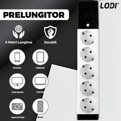 Prelungitor Lodi1281, 5 prize, intrerupator, suport de agatare incorporat, rezistent la temperaturi inalte, universal, lungime 5 metri, negru/alb