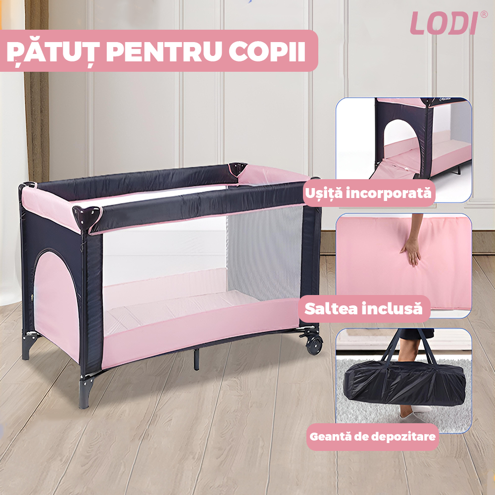 Patut Turistic Pliabil pentru Copii Lodi983, usa cu fermoar exterior, plasa de protectie tantari, materiale calitative, usor de montat, geanta de depozitare, dimensiuni 125x78x65, roz