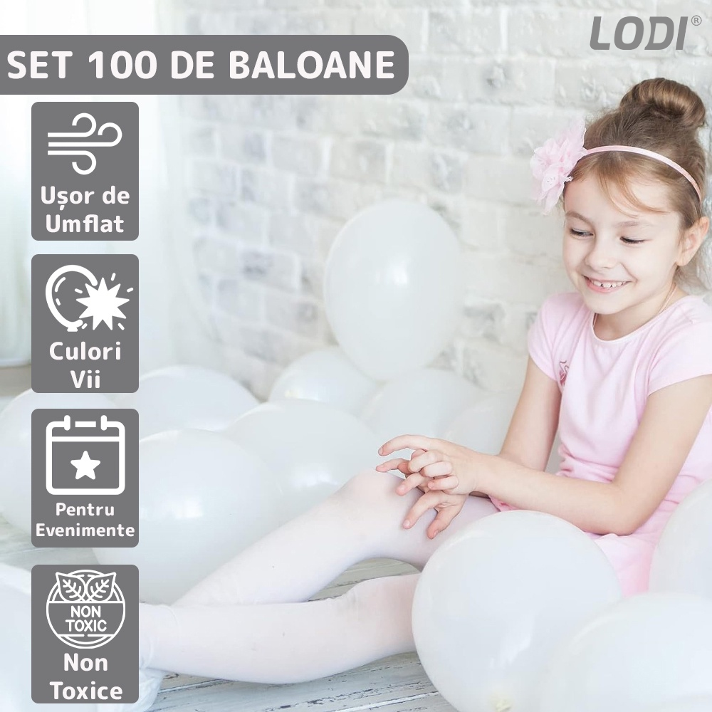 Set 100 Baloane Lodi251, pentru Petreceri/Aniversari/Evenimente, o singura dimensiune, latex, alb