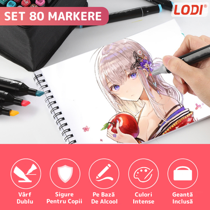 Set 80 Markere Lodi17, geanta de depozitare inclusa, 2 tipuri de varf, pe baza de alcool, culori intense, multicolor